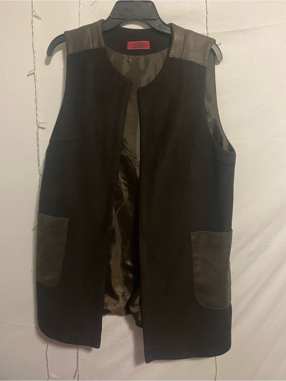 Men's Black Vest Coat with Leather Trim
